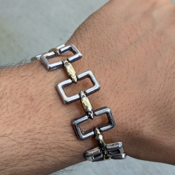 Vintage Sterling Silver Bracelet Two Tone Rectangle Italy 7.5 Modern - Picture 12 of 15